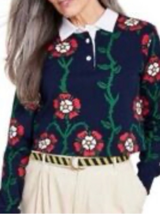 Rowing Blazers Tops - Rowing Blazers Floral Navy Polo Sweater with White Collar